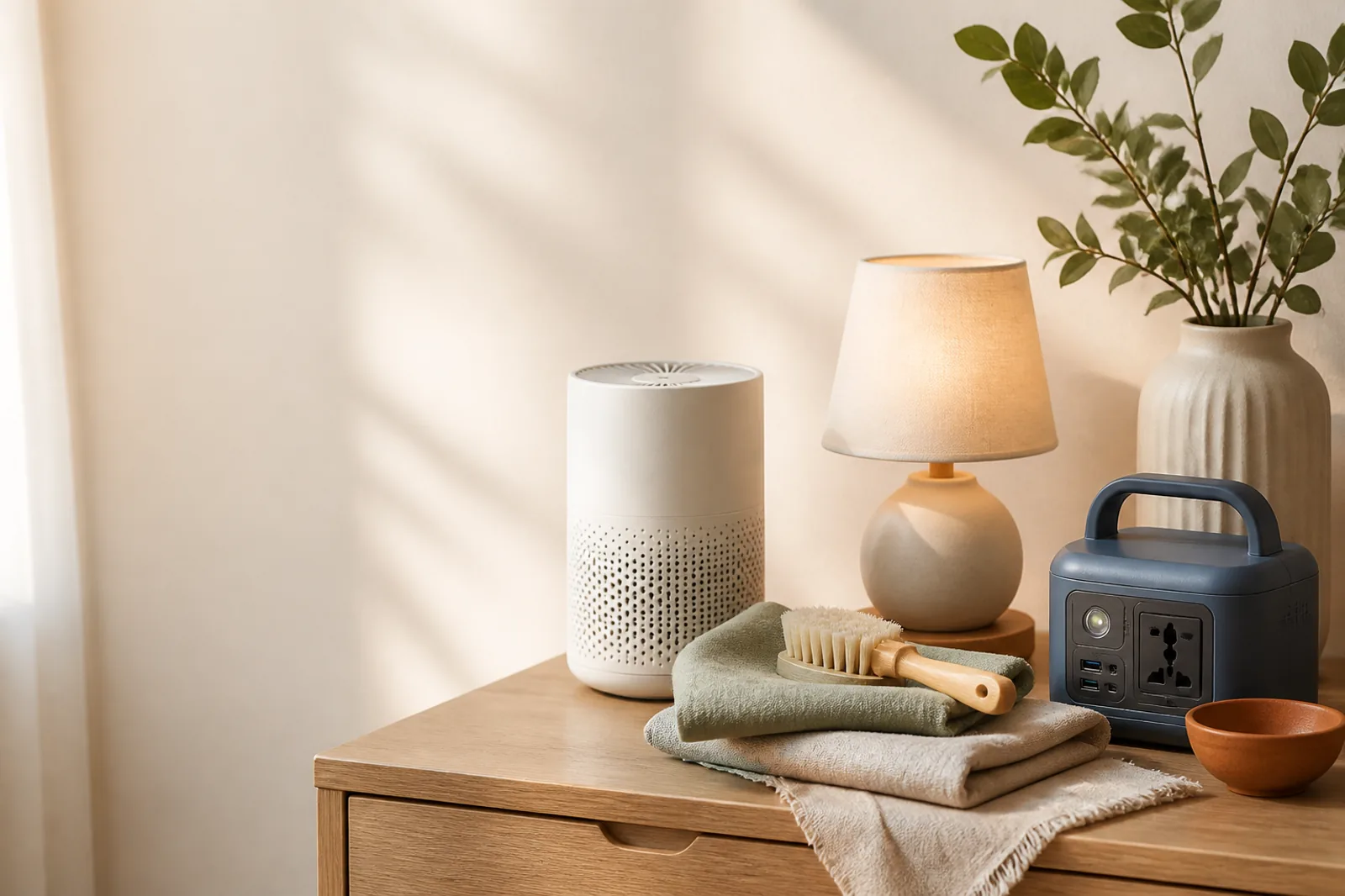 An unbranded air cleaner, lamp, cleaning brush and backup-power device arranged in a calm home