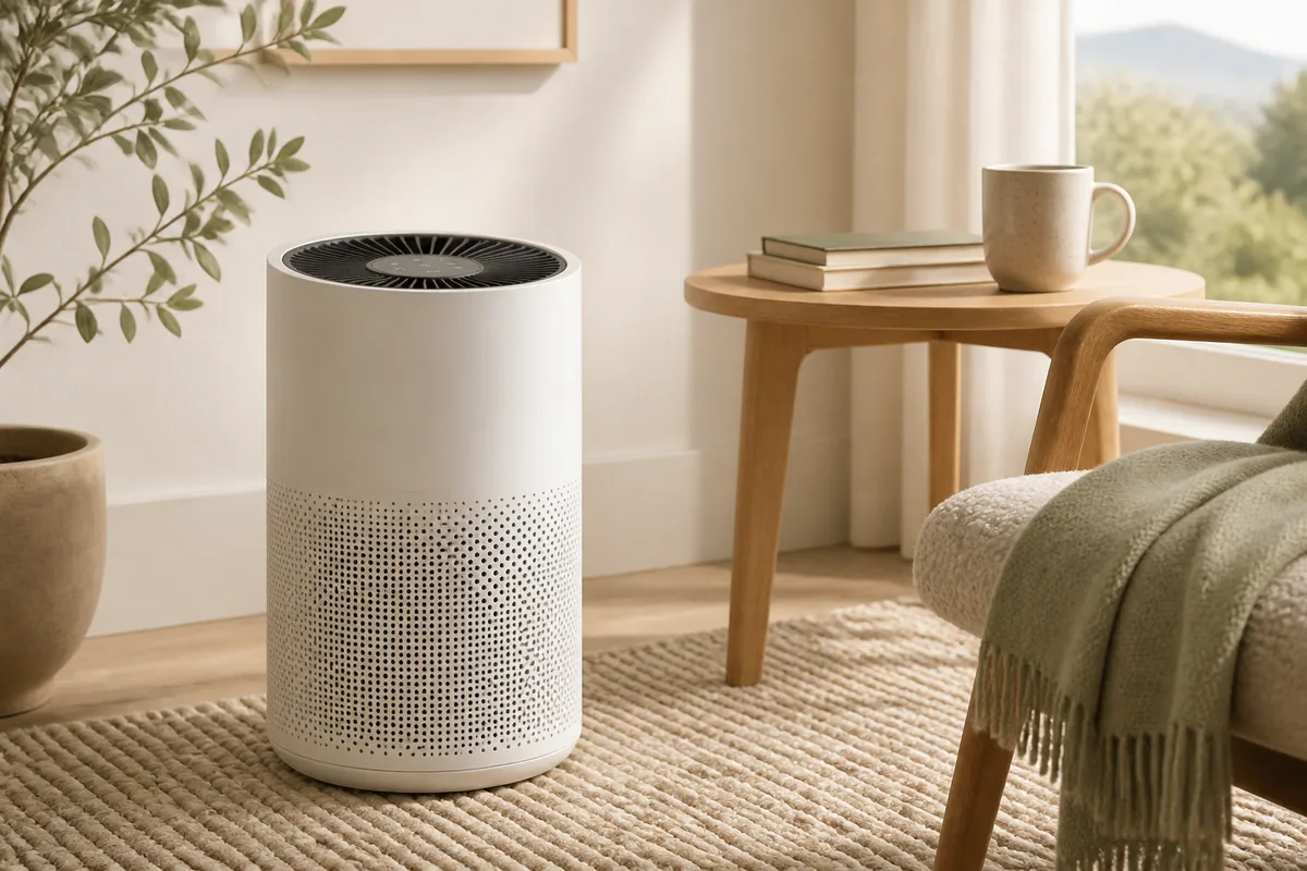 An unbranded air purifier in a softly lit, warm-toned reading corner